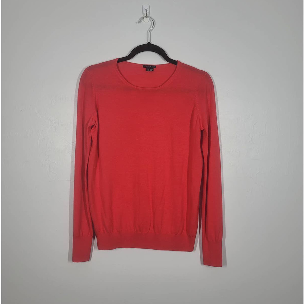 Theory Belinda B Fluidity Sweater Size S Round Neck Wool Blend Stretch Knit Red